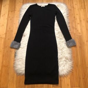 Zara Bodycon Faux Fur Cuffs Textured Long Sleeves Black Midi Dress size S